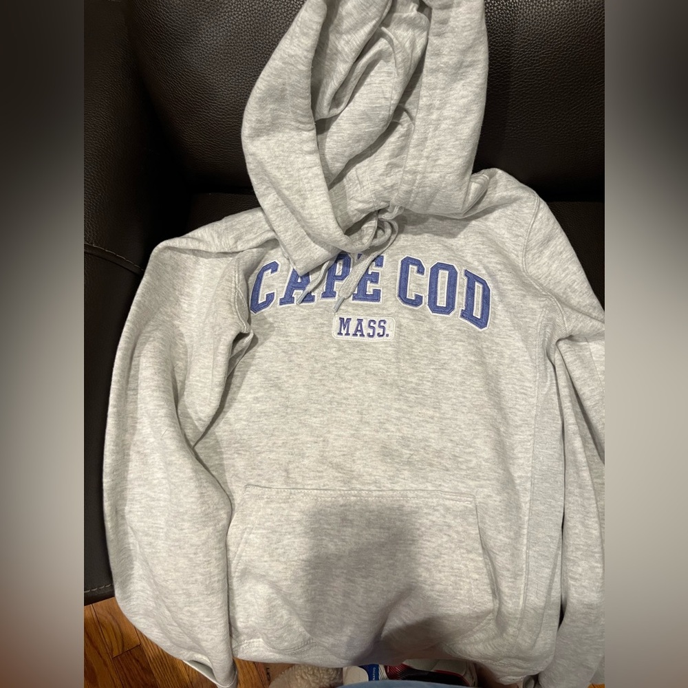 Cape Cod hoodie by Cuffys. Light grey with periwinkle letters
